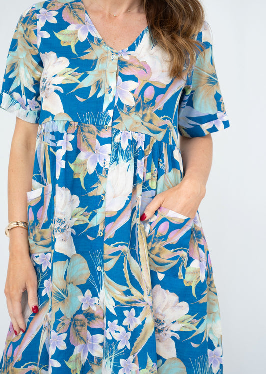 Botanical Collage Tiered Pocket Dress