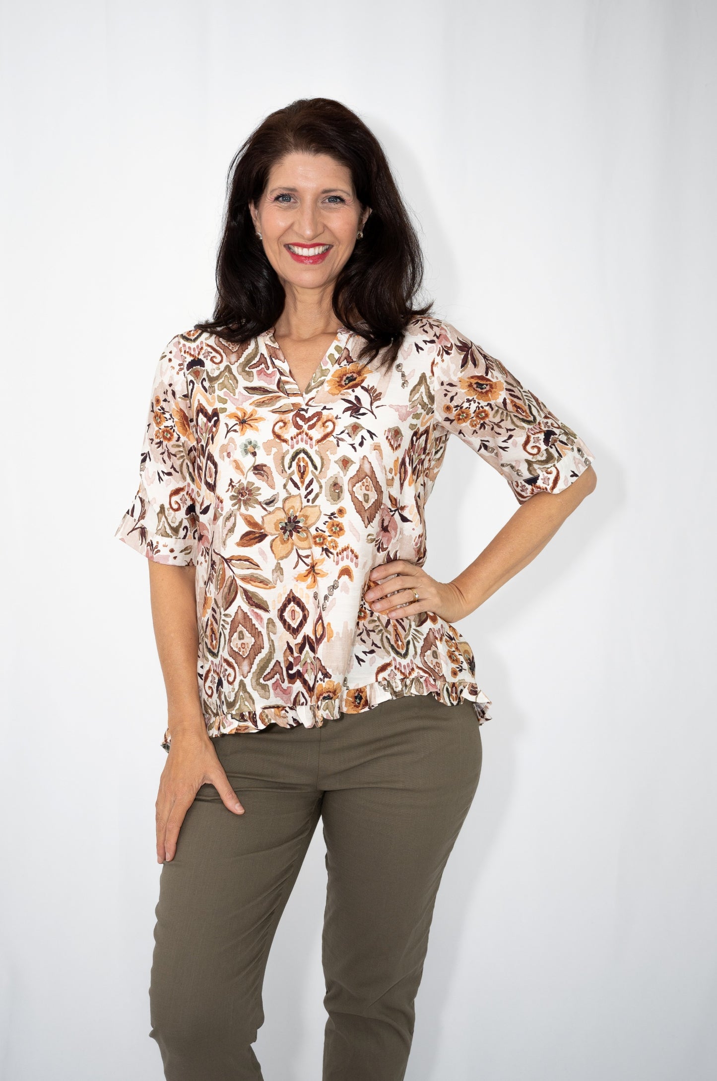Geometric Floral Yoke Top