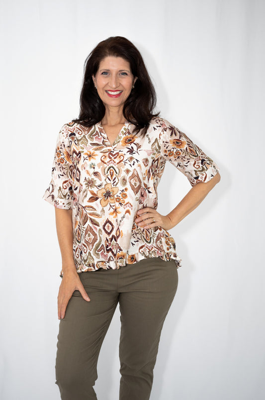 Geometric Floral Yoke Top