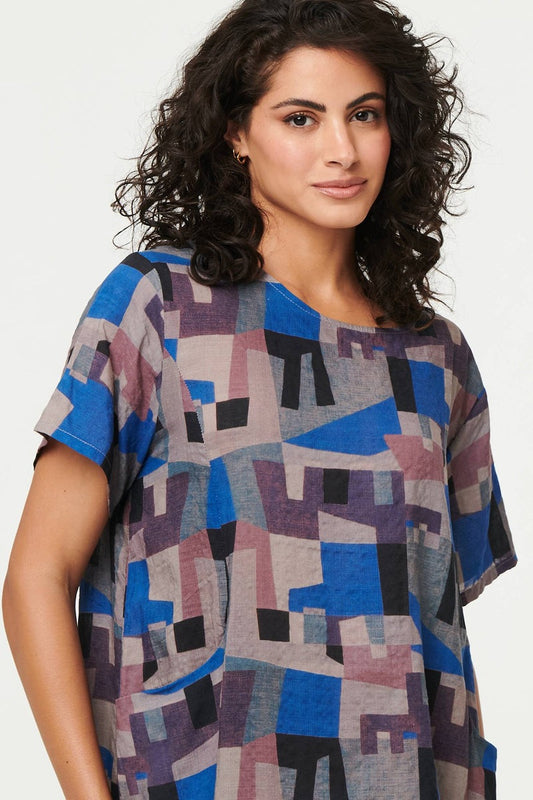 Abstract Pocket Short Shift Dress