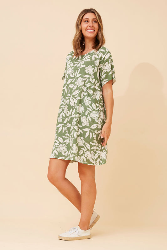 Leafy Green Pocket Short Shift Dress