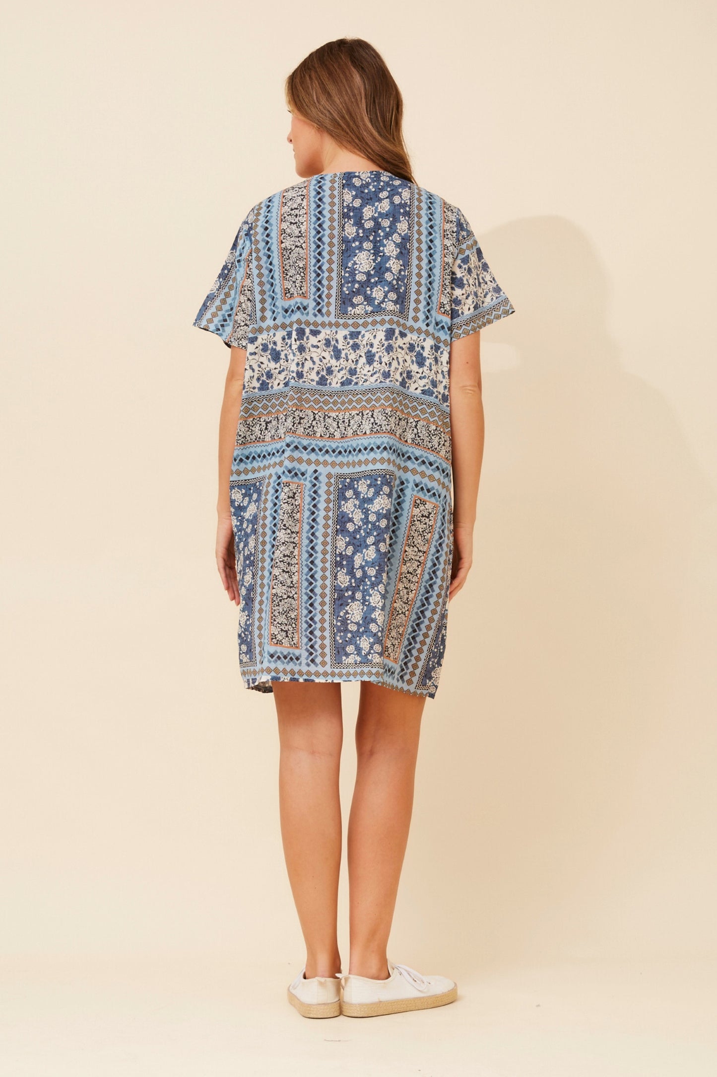 Patchwork Garden Pocket Short Shift Dress