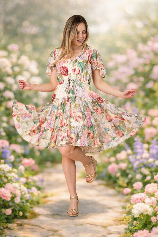 Spring Garden Foil Tiered Short Dress