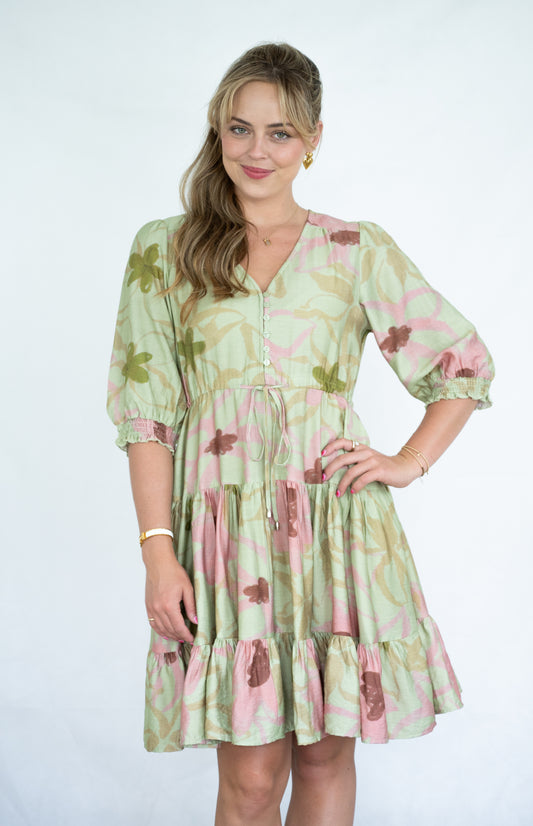 Sketch Floral Tiered Short Dress