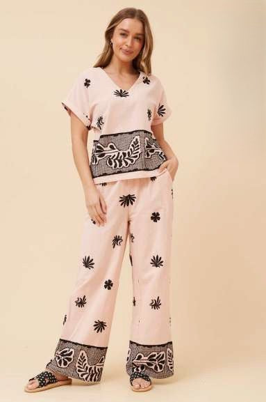 Embroidered Leaves Cotton Top-Pants Set