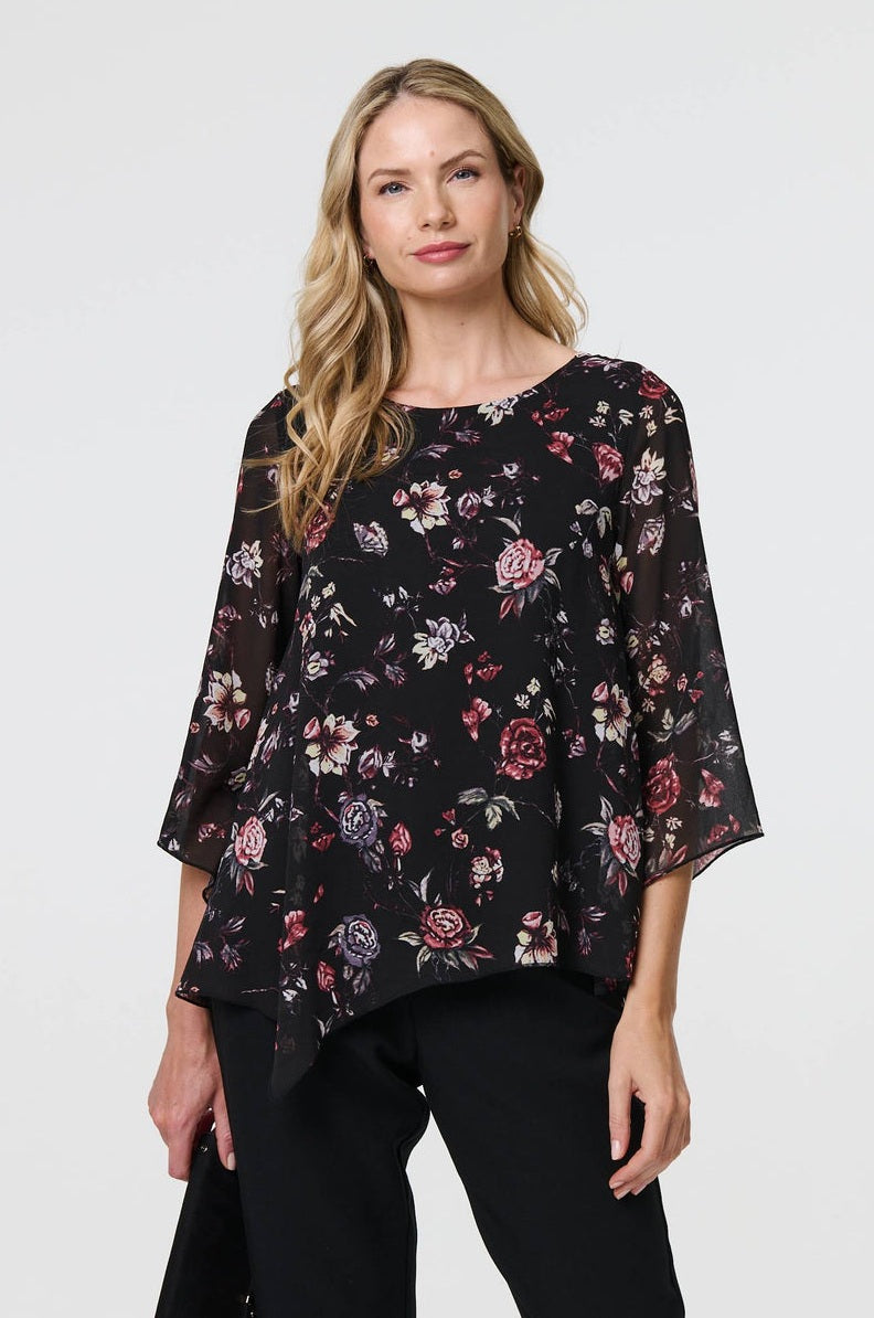 Floral Semi-Sheer Asymmetrical Top