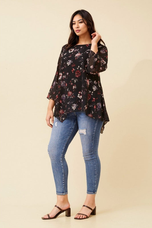 Floral Semi-Sheer Asymmetrical Top