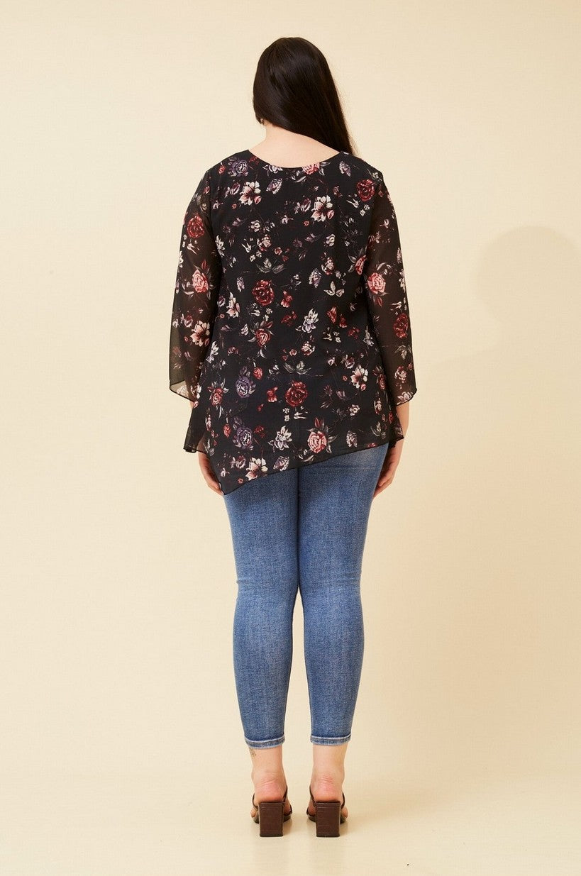 Floral Semi-Sheer Asymmetrical Top