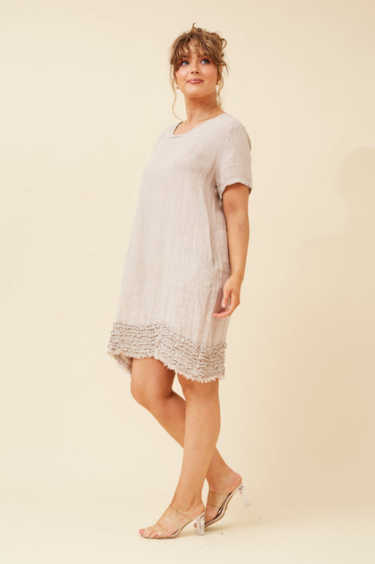 Linen Frill Pocket Short Shift Dress