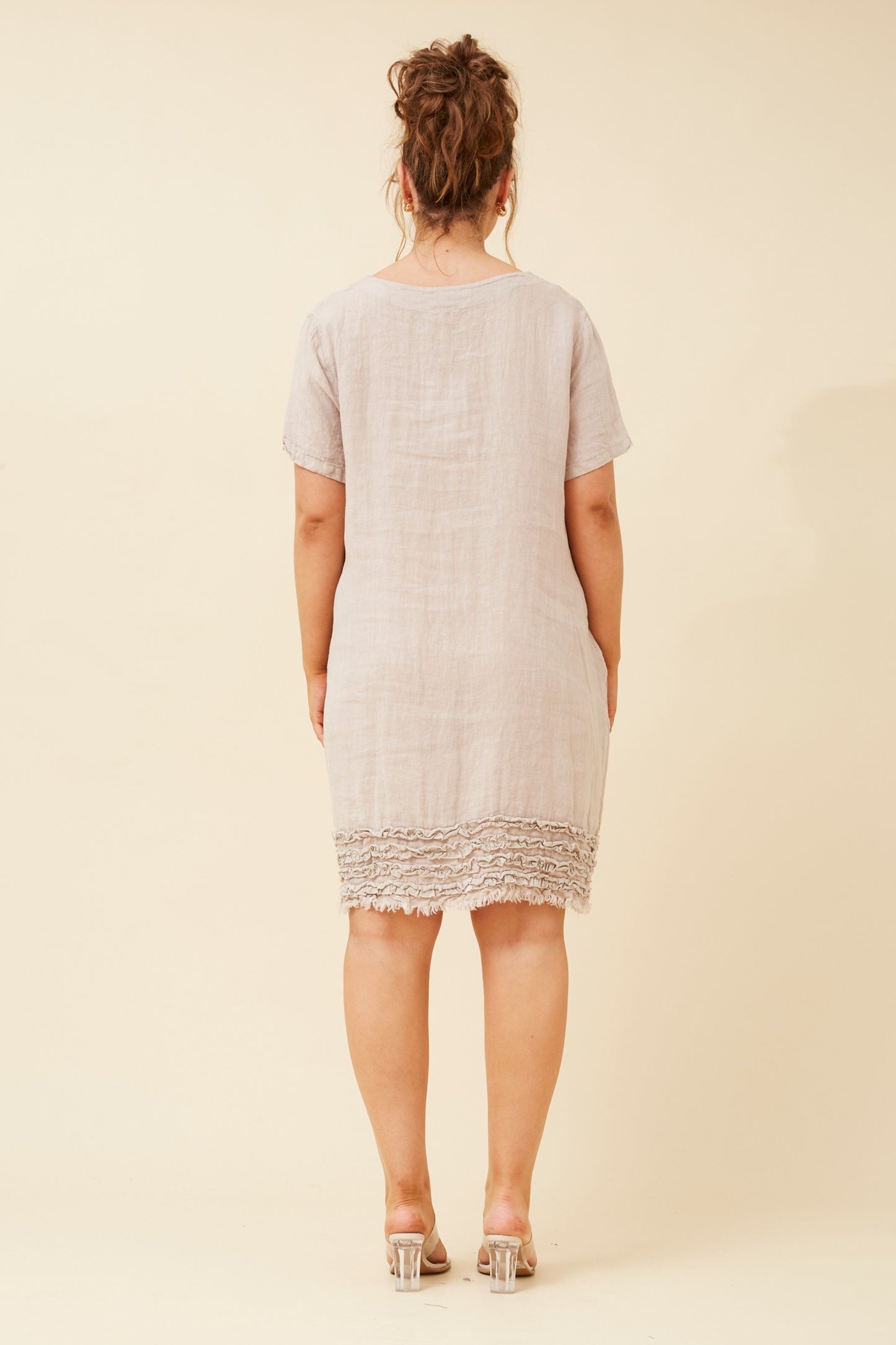 Linen Frill Pocket Short Shift Dress