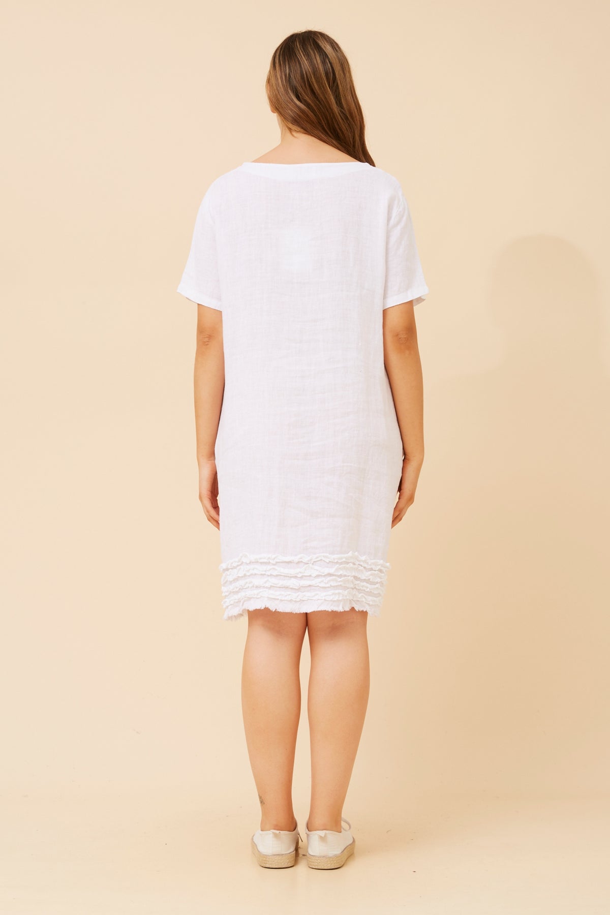 Linen Frill Pocket Short Shift Dress