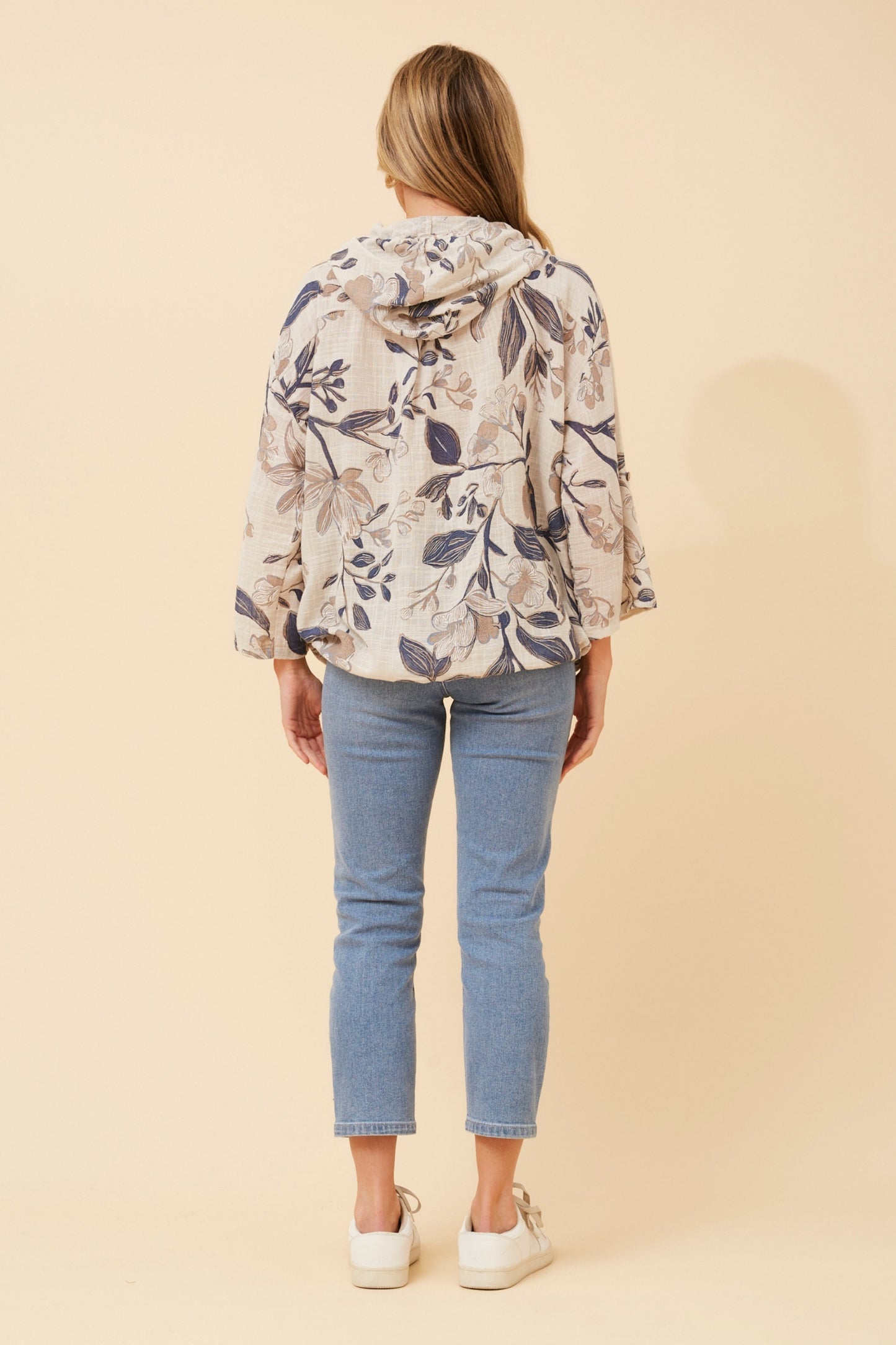 Floral Hooded Zip-Up Cotton Jacket