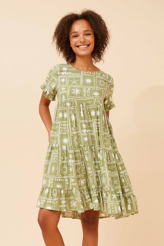Tropical Patchwork Tiered Short Dress