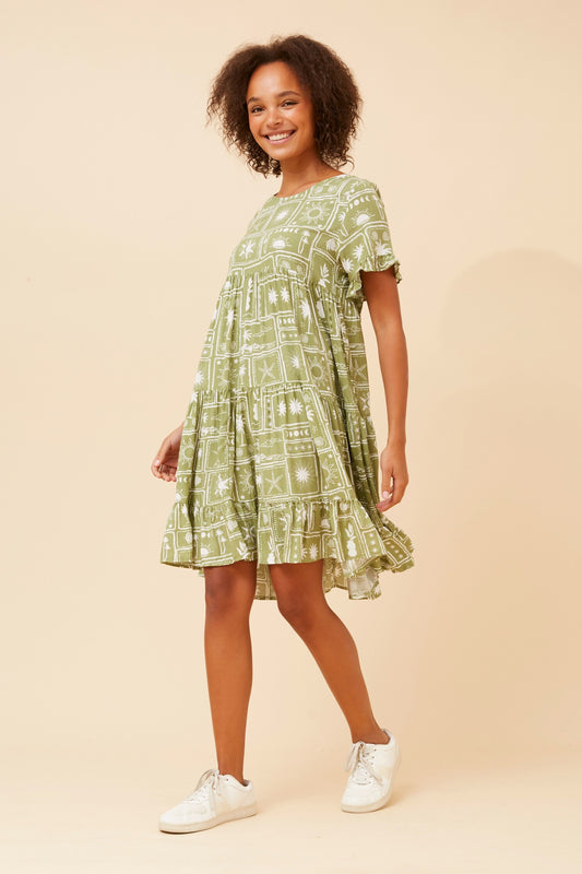 Tropical Patchwork Tiered Short Dress