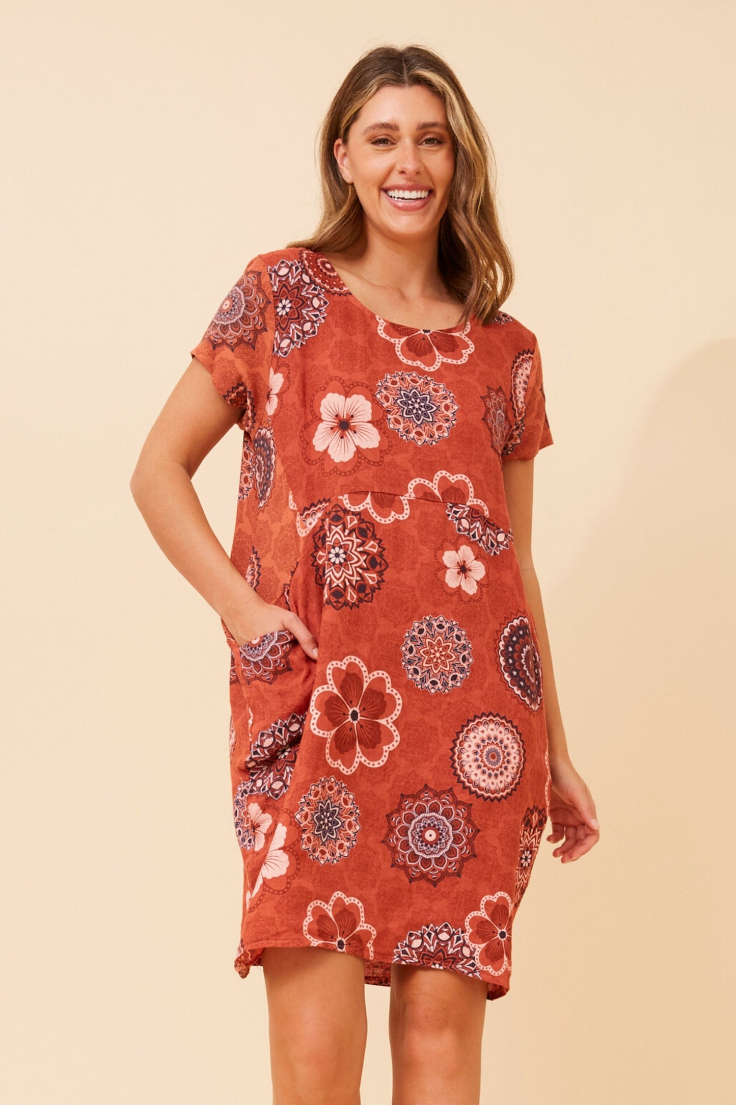 Floral Mandala Pocket Short Shift Dress