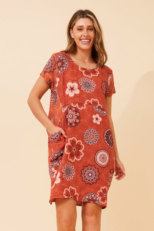 Floral Mandala Pocket Short Shift Dress