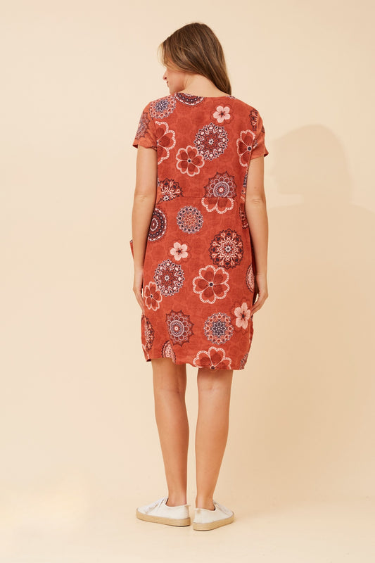 Floral Mandala Pocket Short Shift Dress
