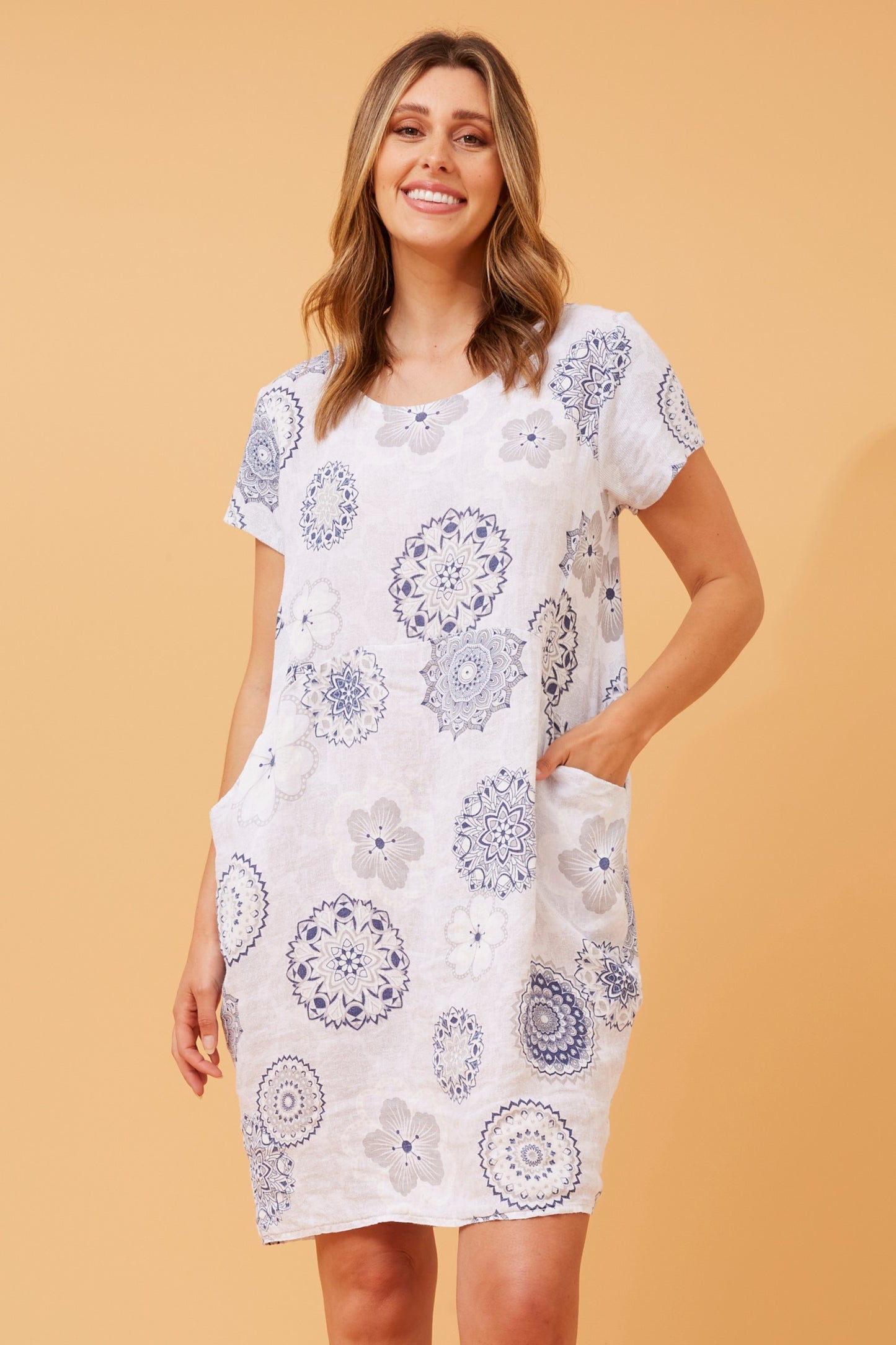 Floral Mandala Pocket Short Shift Dress