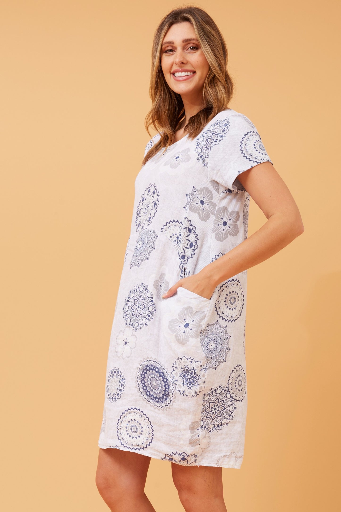 Floral Mandala Pocket Short Shift Dress
