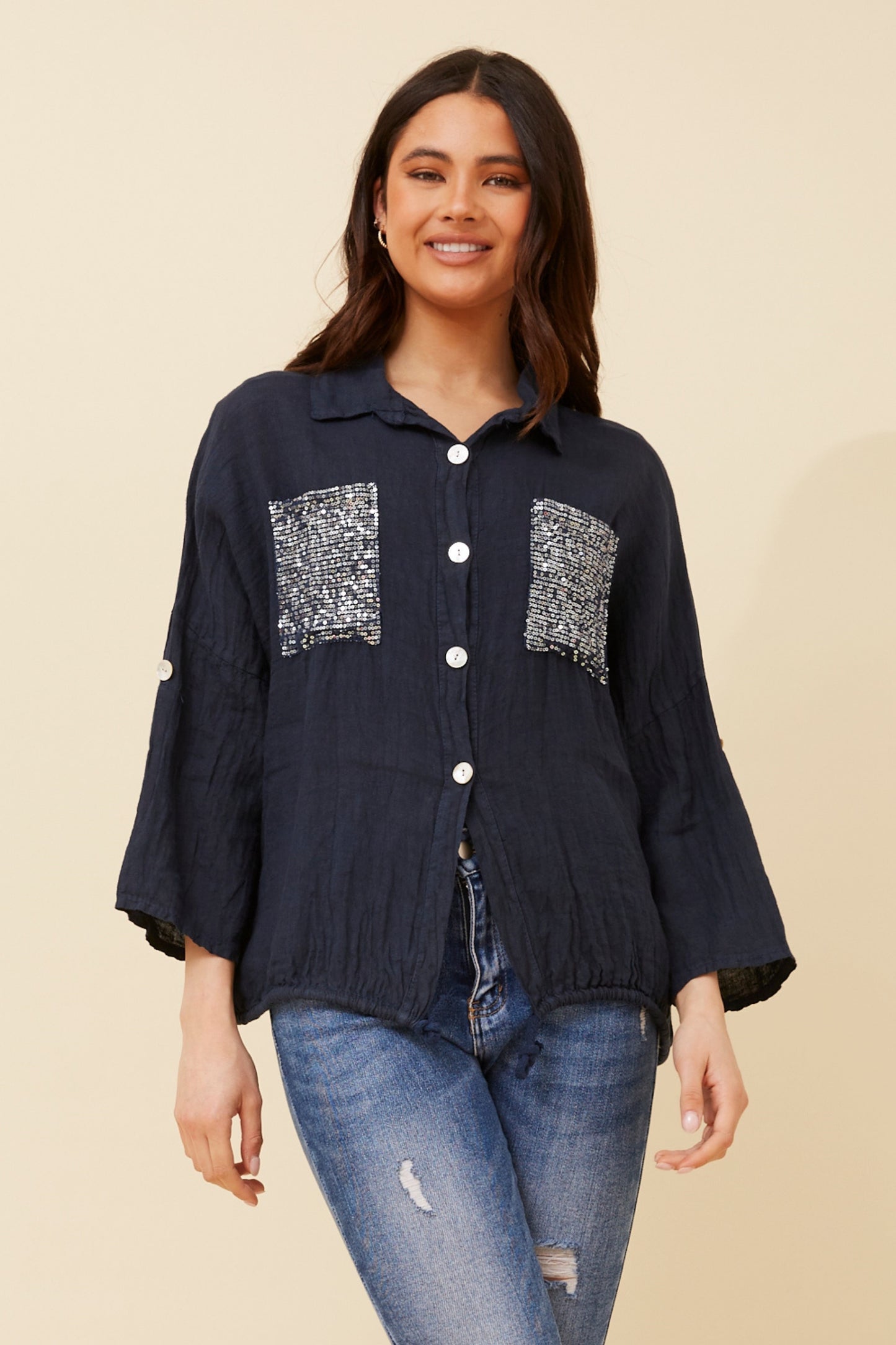 Sequin Pockets Italian Linen Shirt