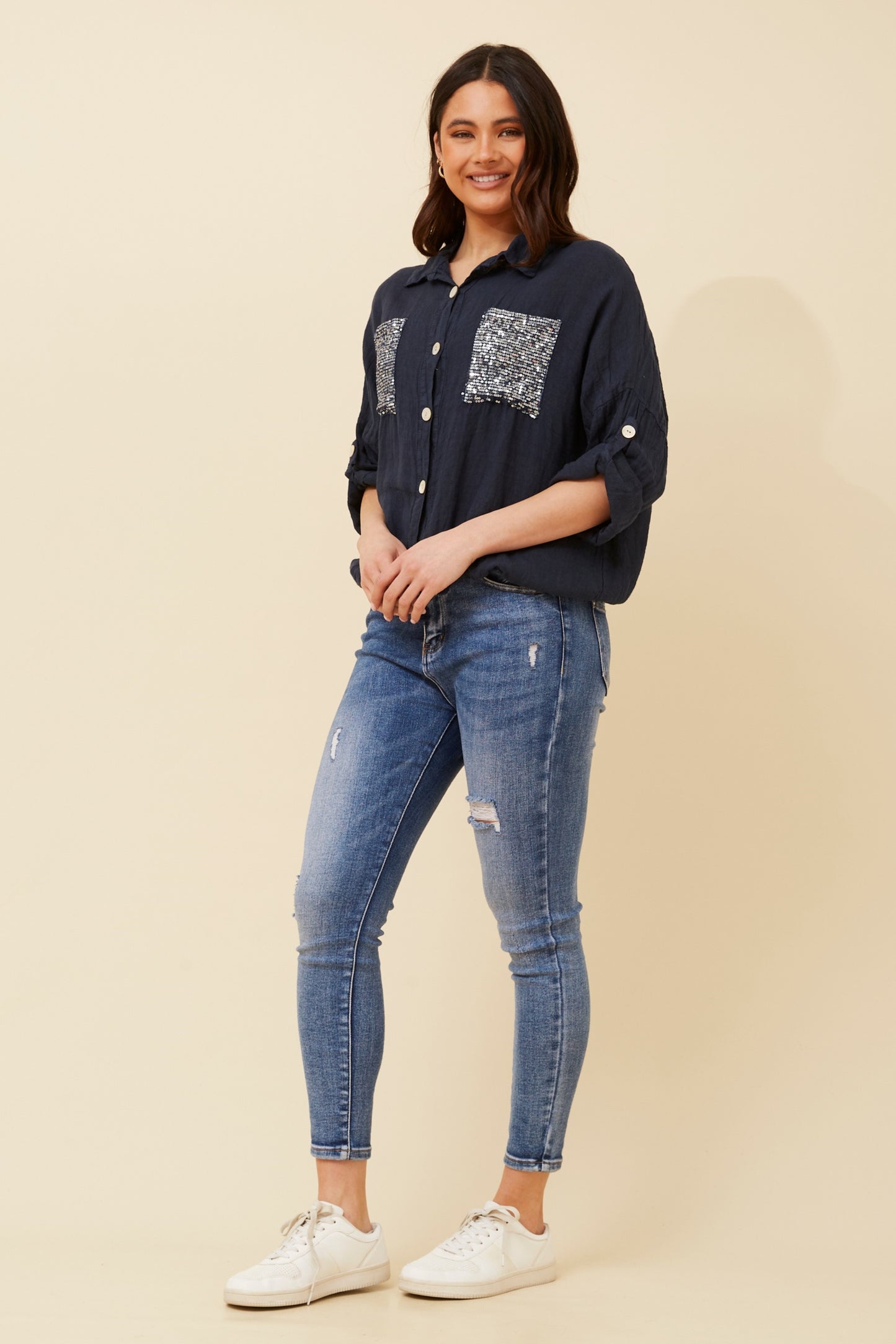 Sequin Pockets Italian Linen Shirt