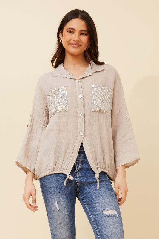 Sequin Pockets Italian Linen Shirt