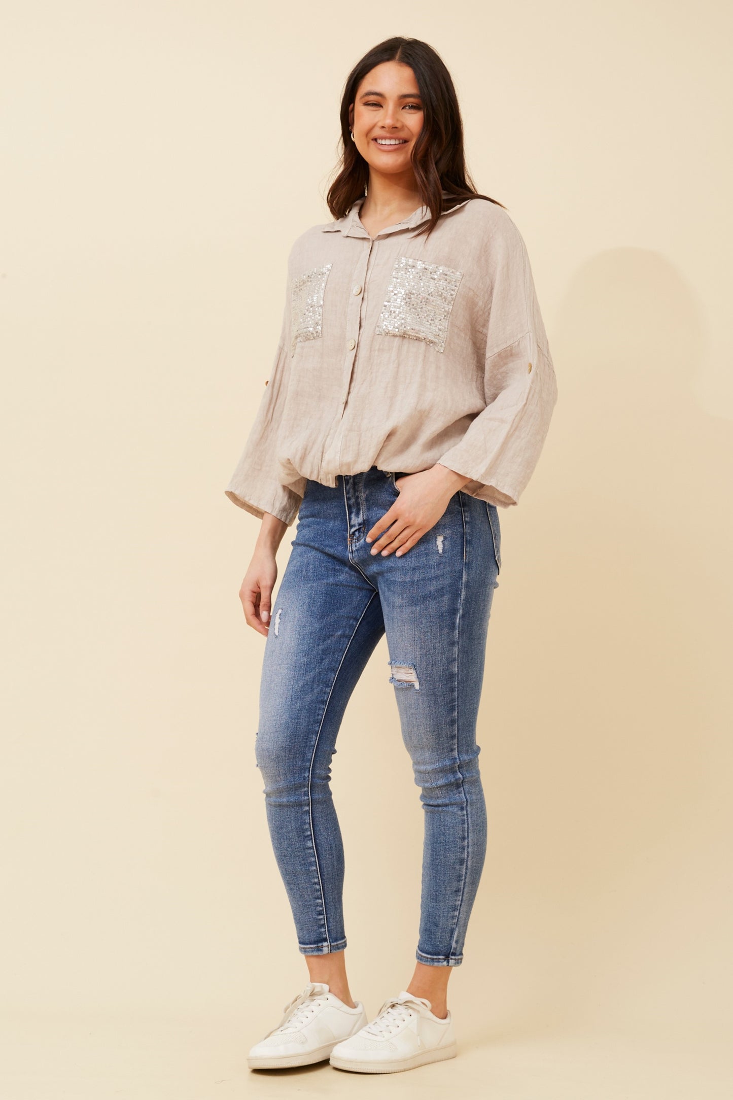 Sequin Pockets Italian Linen Shirt