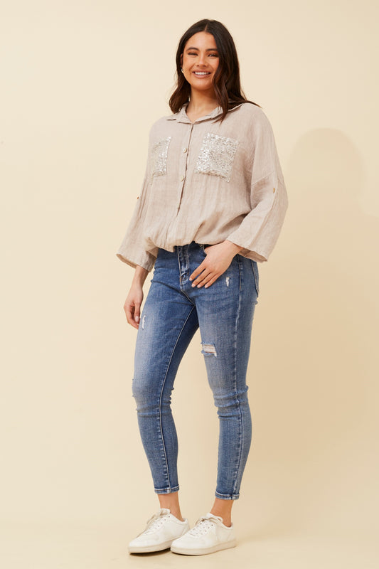 Sequin Pockets Italian Linen Shirt