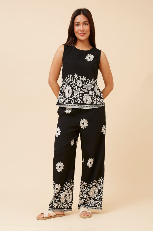 Sleeveless Monochrome Floral Top-Pants Set