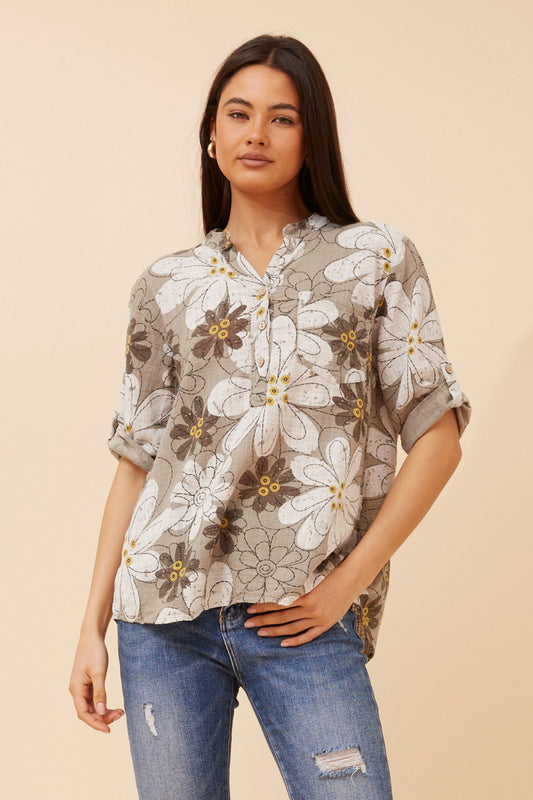 Floral Outlines Half-Placket Italian Cotton Shirt