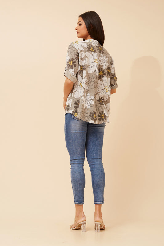 Floral Outlines Half-Placket Italian Cotton Shirt