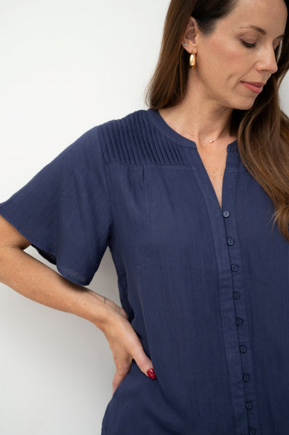 Pleat Button-Up Blouse