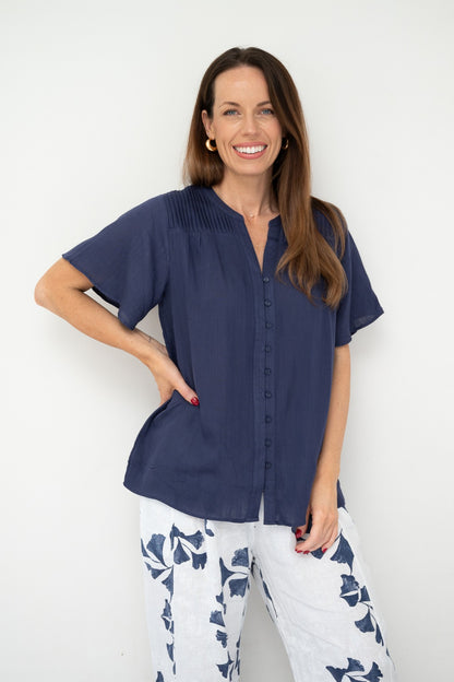 Pleat Button-Up Blouse
