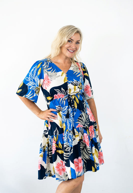 Abstract Hibiscus Tiered Dress
