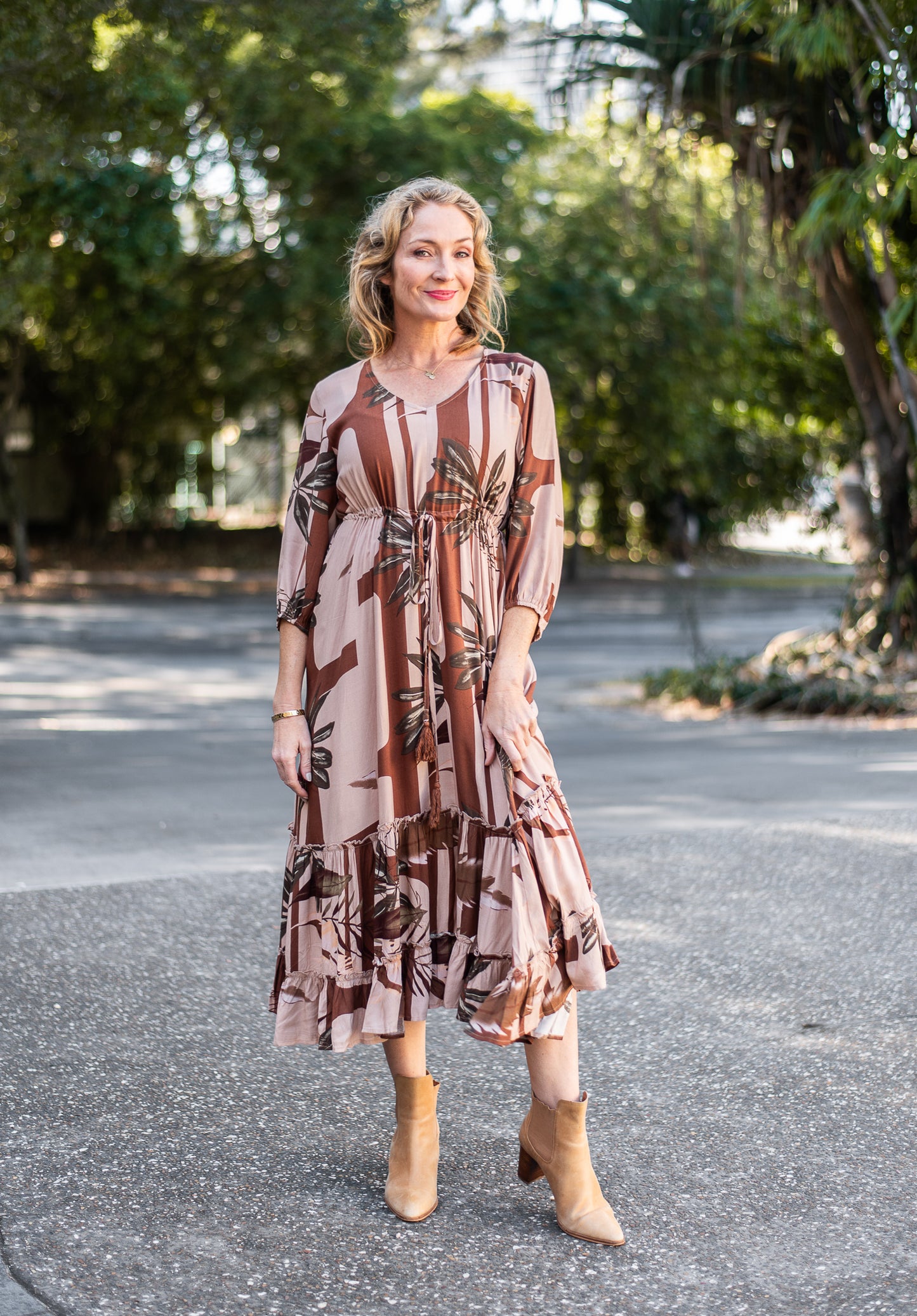 Chocolate Leaves Tiered Maxi Dress