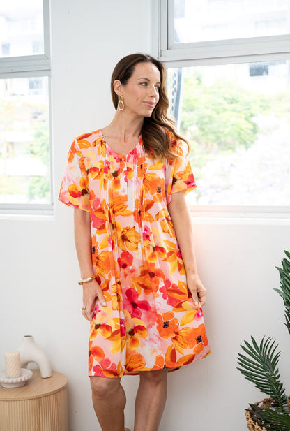 Sunset Bloom Pleat Shift Dress