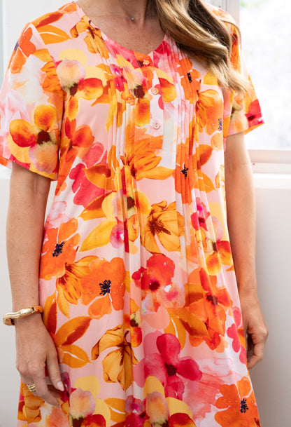 Sunset Bloom Pleat Shift Dress