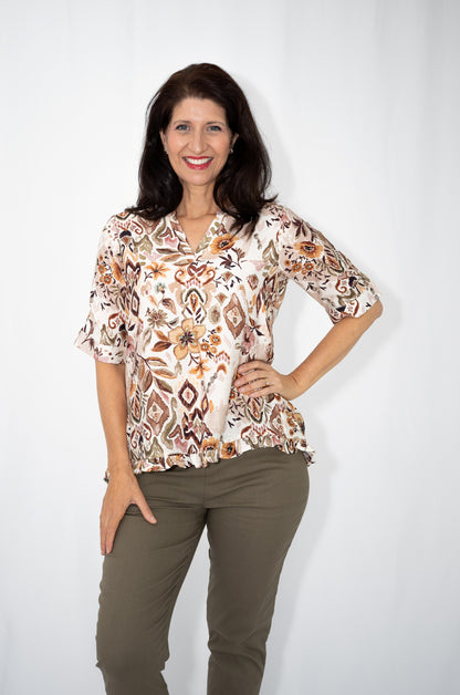 Geometric Floral Yoke Top