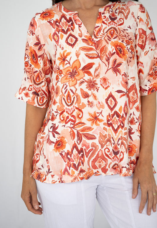 Geometric Floral Yoke Top
