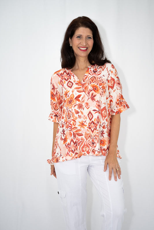 Geometric Floral Yoke Top