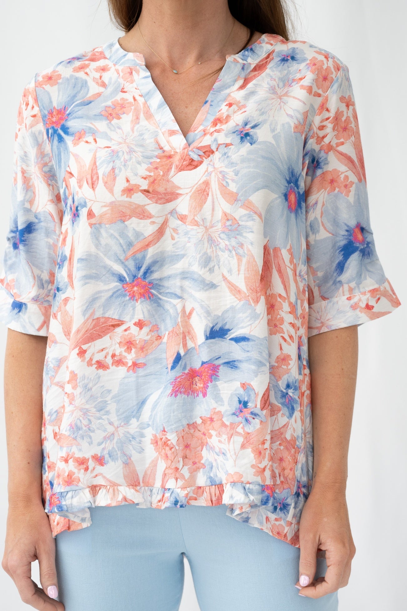 Soft Peonies Frill Yoke Top