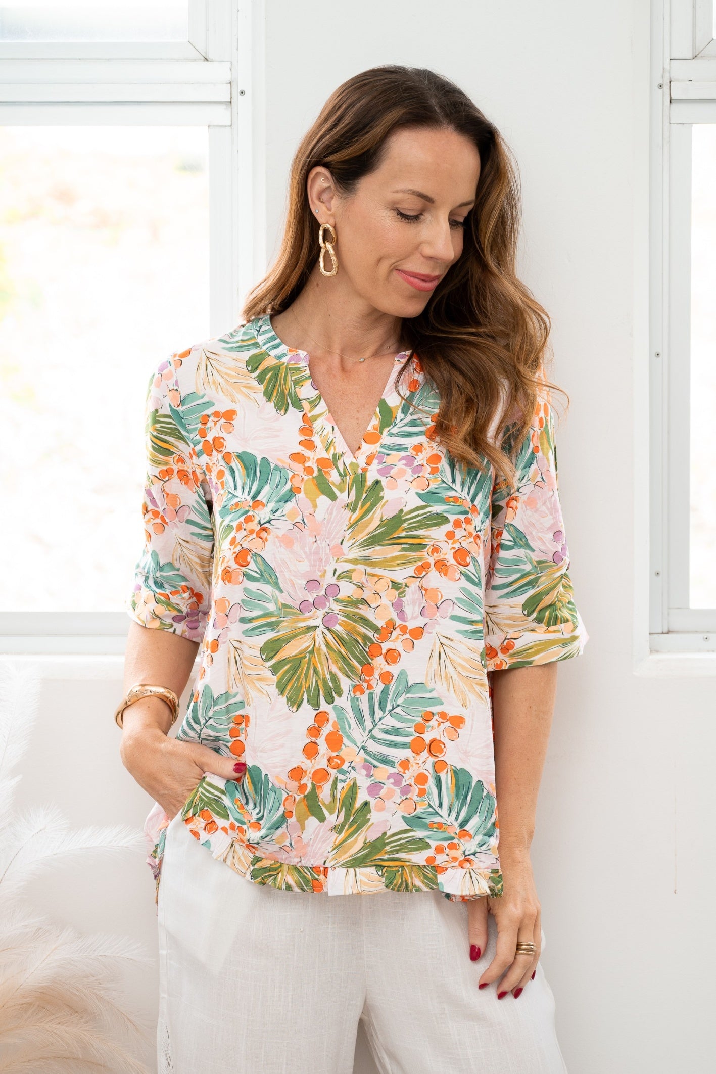 Berry Leafy Frill Yoke Top