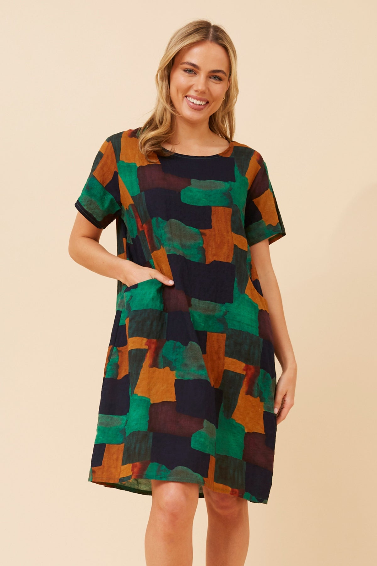 Block Print Pocket Short Shift Dress