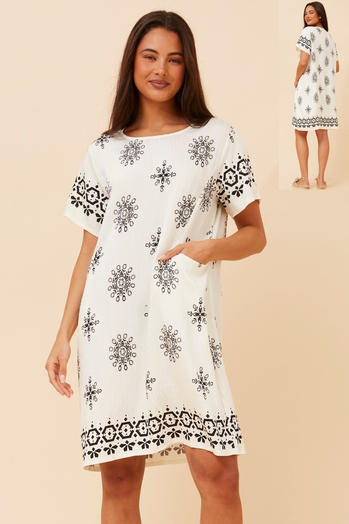 Embroidered Motif Pocket Short Shift Dress