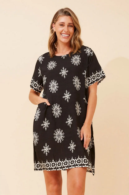 Embroidered Motif Pocket Short Shift Dress
