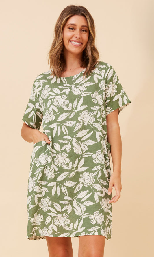 Leafy Green Pocket Short Shift Dress