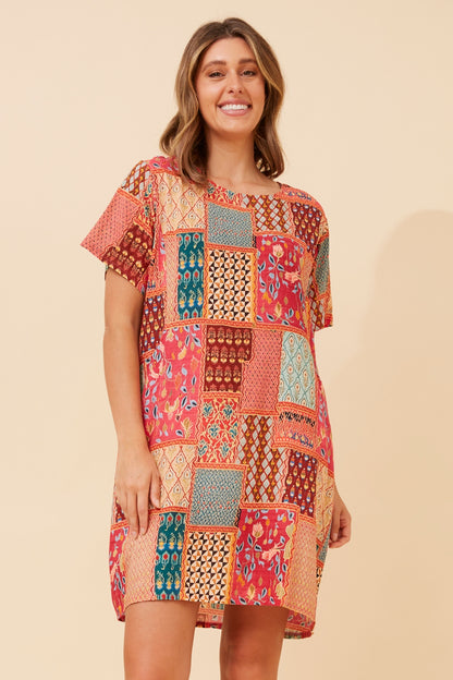 Patchwork Quilt Pocket Short Shift Dress