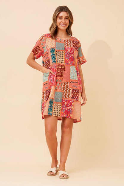 Patchwork Quilt Pocket Short Shift Dress