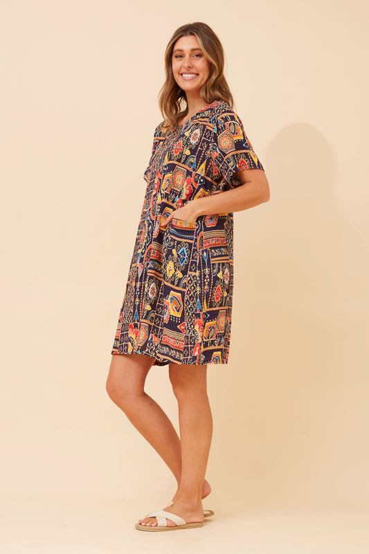 Aztec Mosaic Pocket Short Shift Dress