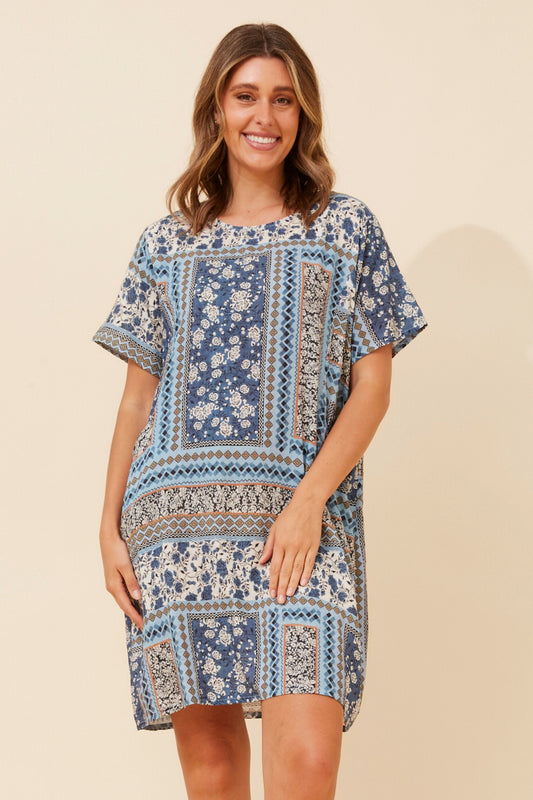 Patchwork Garden Pocket Short Shift Dress